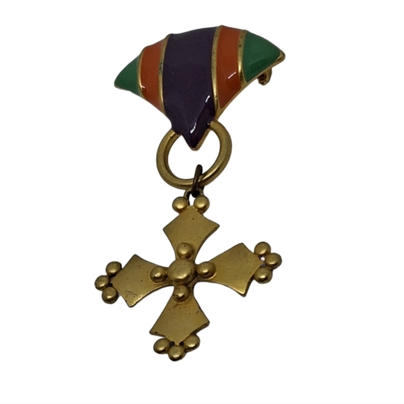 M. Jent Signed Modernist Brooch | Gold Cross Pendant 1980s - Picture 2 of 4